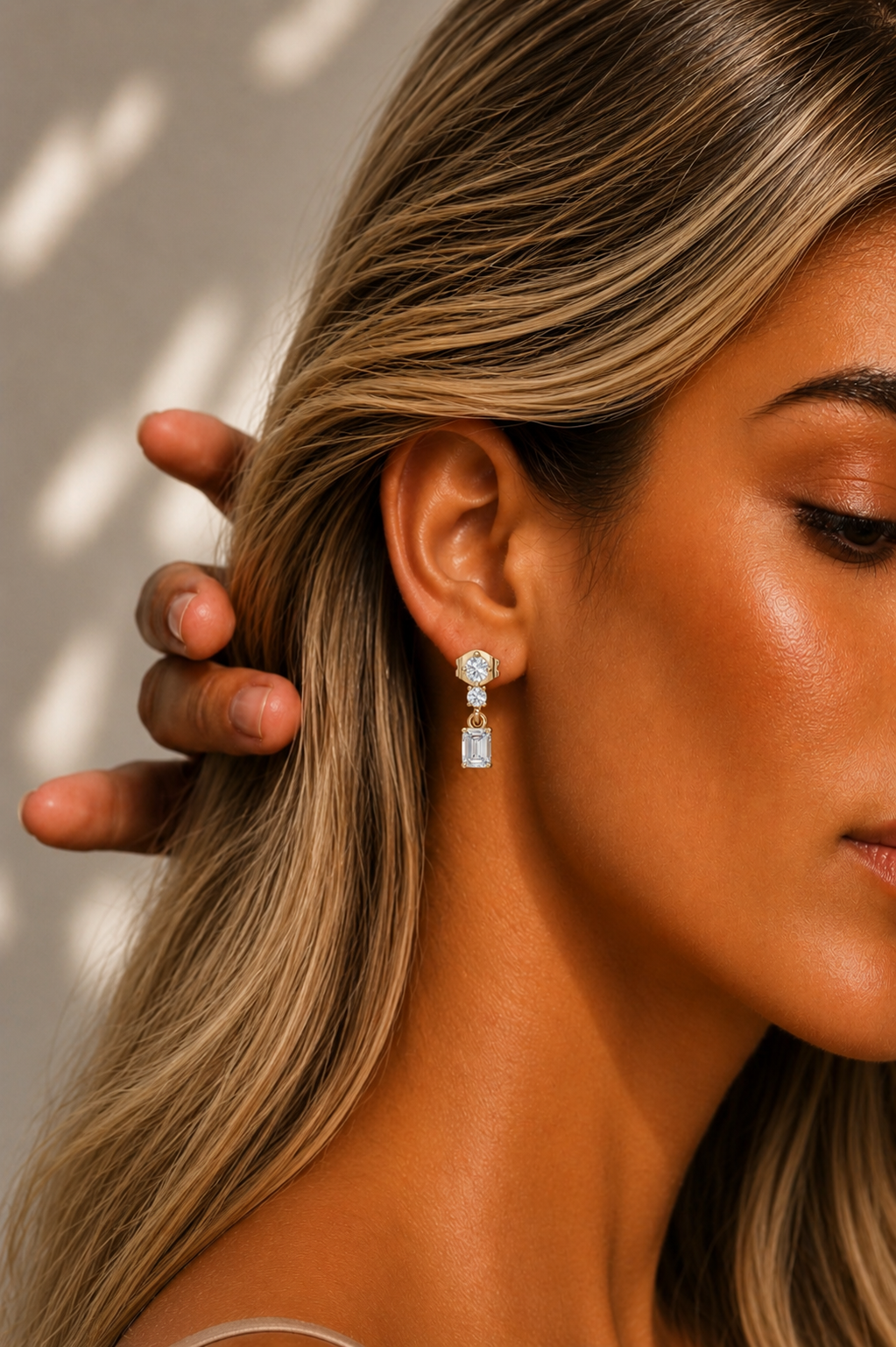 Emerald & Round Cut Three Stone Drops Lab Grown Diamond Earring - HIGHCARAT DIAMONDS #wearthelook