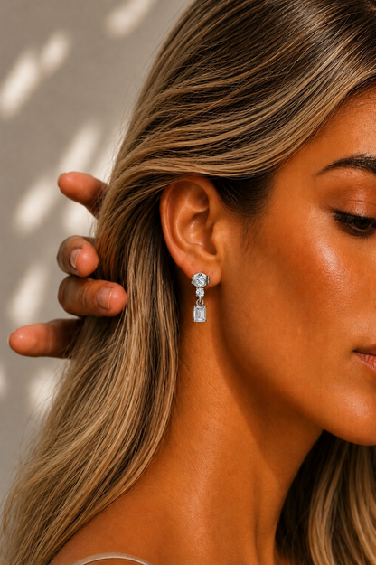 Emerald & Round Cut Three Stone Drops Lab Grown Diamond Earring - HIGHCARAT DIAMONDS #wearthelook