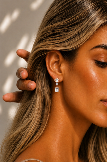Emerald & Round Cut Three Stone Drops Lab Grown Diamond Earring - HIGHCARAT DIAMONDS #wearthelook