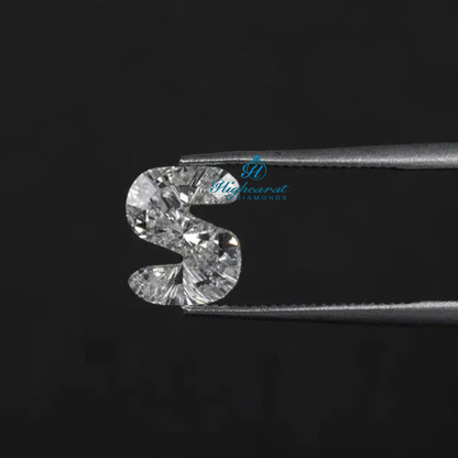 Custom alphabet S cut lab grown diamond with detailed reflective faceting