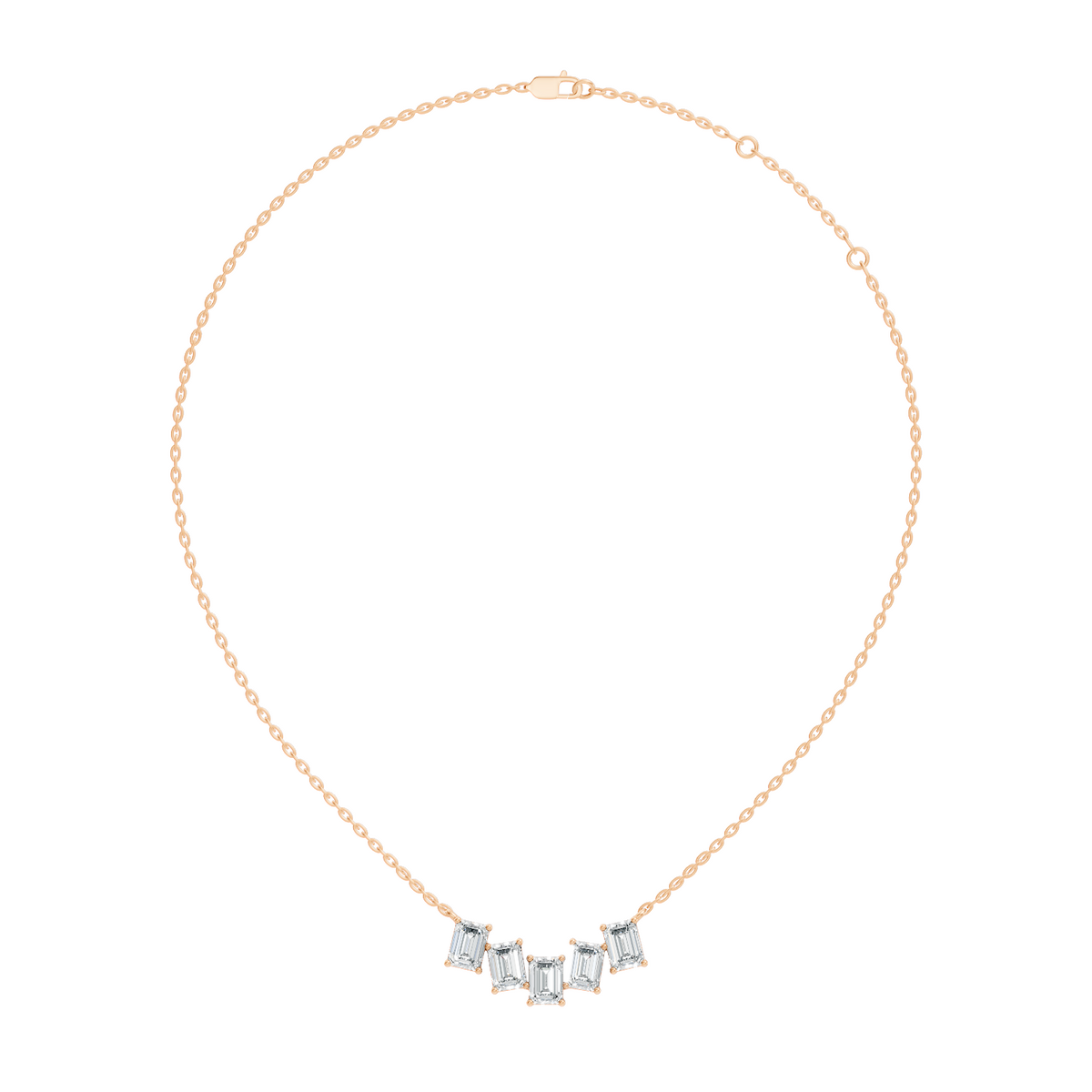 Emerald cut diamond station necklace with five stone layout