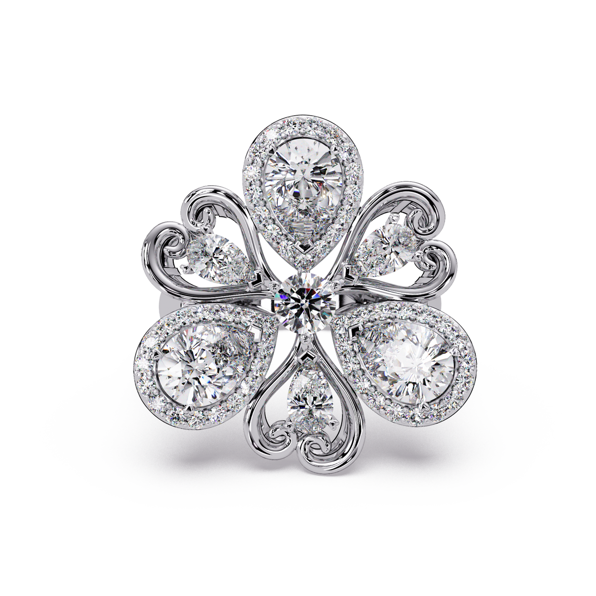 Floral Cluster Lab Grown Multi Pear Diamond Halo Ring - HIGHCARAT DIAMONDS