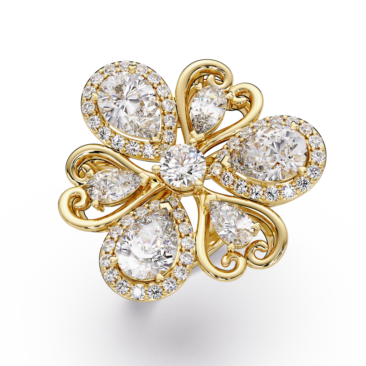Floral Cluster Lab Grown Multi Pear Diamond Halo Ring - HIGHCARAT DIAMONDS
