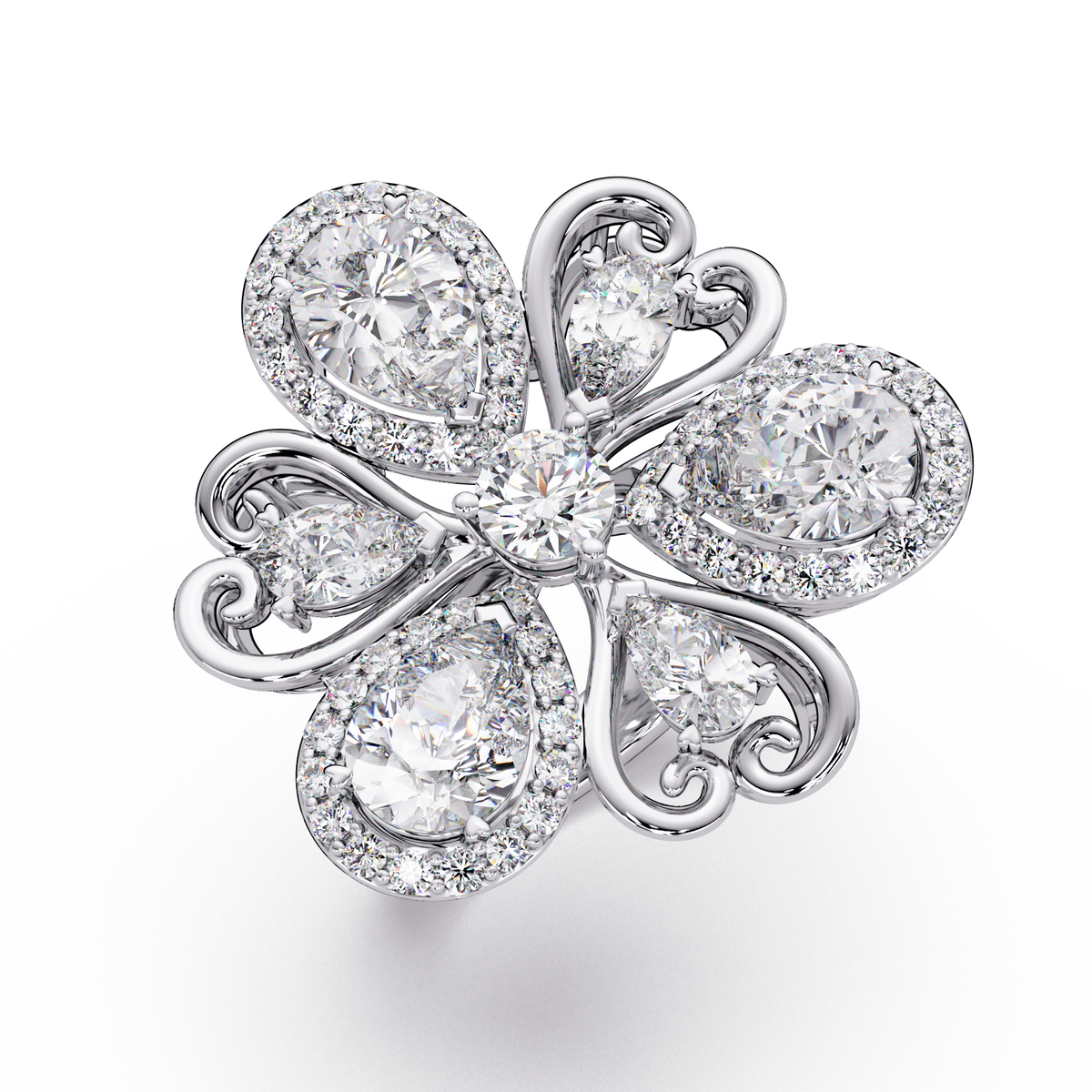 Floral Cluster Lab Grown Multi Pear Diamond Halo Ring - HIGHCARAT DIAMONDS
