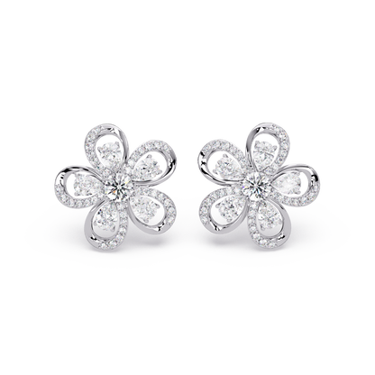 Front view of floral loop lab grown diamond stud earrings with pear details
