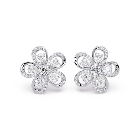 Front view of floral loop lab grown diamond stud earrings with pear details