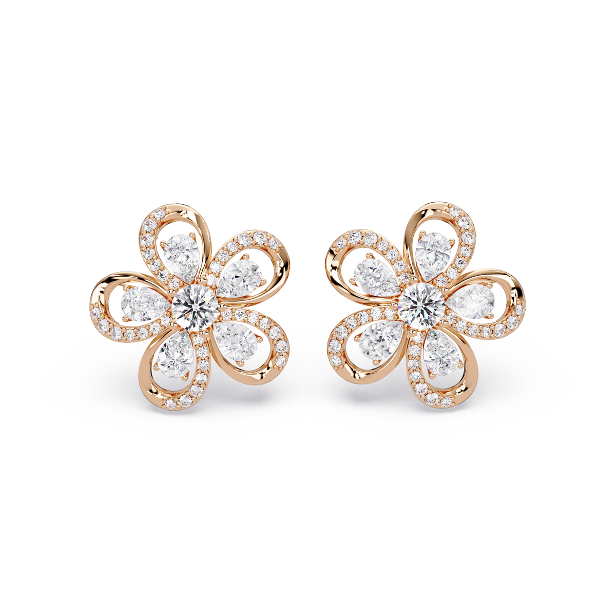 Stud Earrings featuring floral loop design with pear shape lab grown diamond accents