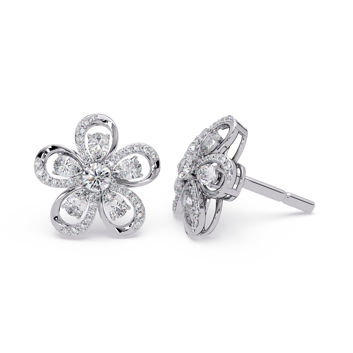 Wear look of floral loop diamond stud earrings with pear accents