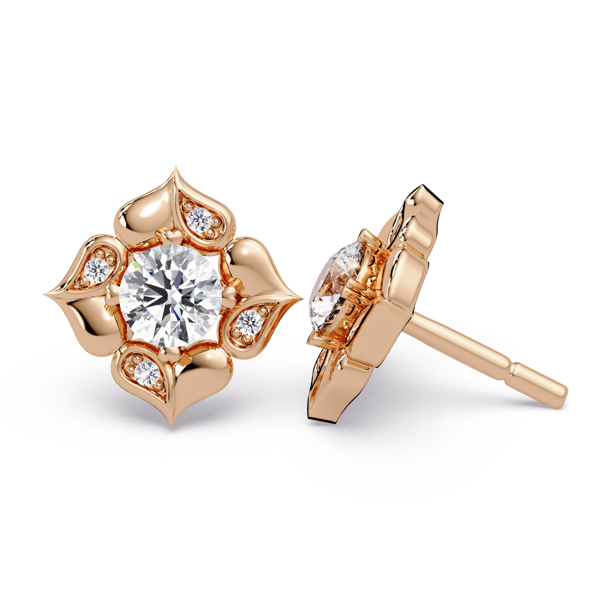 Floral Round Lab Grown Diamond Petal Stud Earrings - HIGHCARAT DIAMONDS