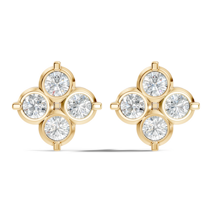 Luxury 14K Labgrown Gold Diamond Stud Earrings Four-Stone Round Bezel Set Cluster Style - HIGHCARAT DIAMONDS