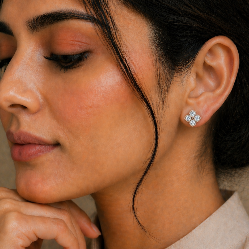 Four Stone Round Cut Lab Grown Diamond Bezel Stud Earring - HIGHCARAT DIAMONDS #wearthelook
