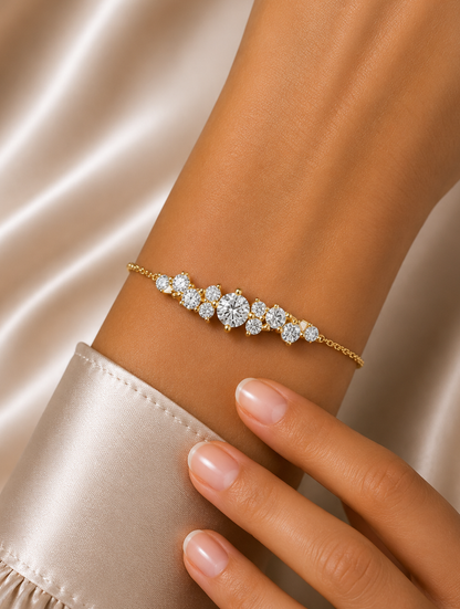 Round Lab Grown Cluster Line Charm Diamond Bracelet in Yellow Gold
