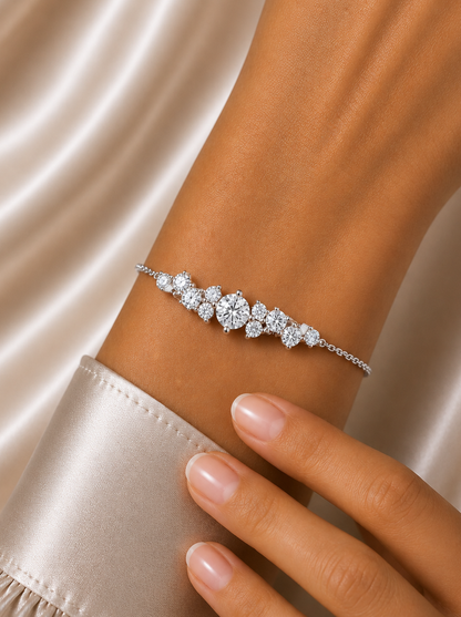Round Lab Grown Cluster Line Charm Diamond Bracelet in Yellow Gold