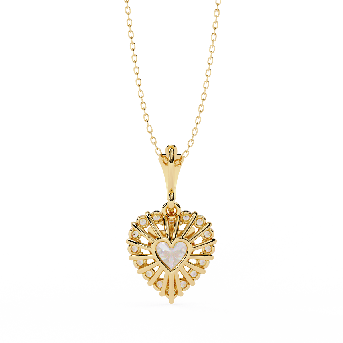 Close up of heart shaped diamond pendant with sparkling halo