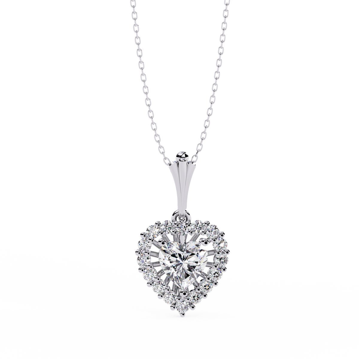 White gold heart diamond pendant with round halo setting