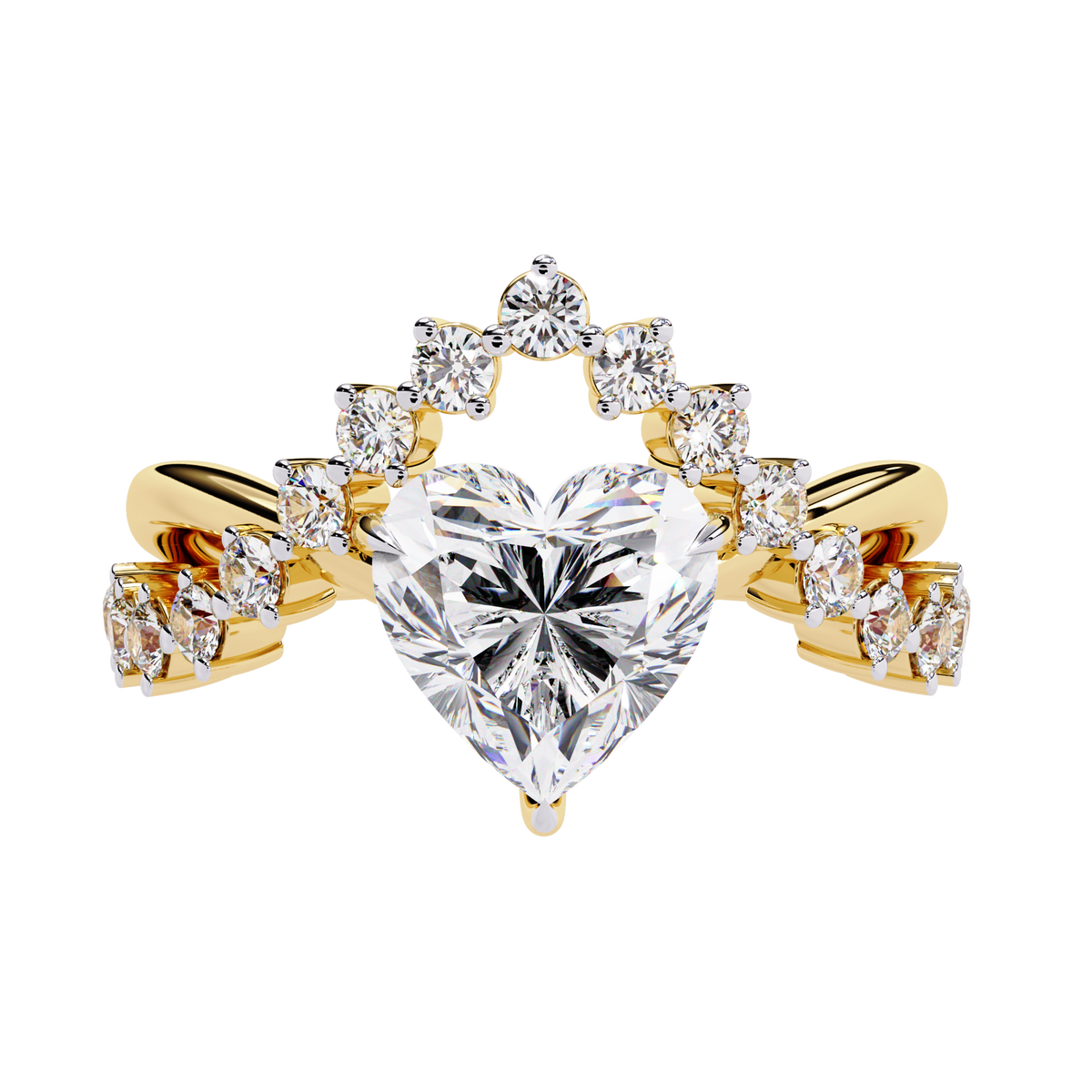 Heart shape lab grown diamond ring with crown style side stones in yellow gold