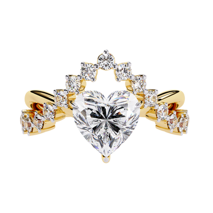 Heart shape lab grown diamond ring with crown style side stones in yellow gold