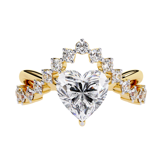 Heart shape lab grown diamond ring with crown style side stones in yellow gold