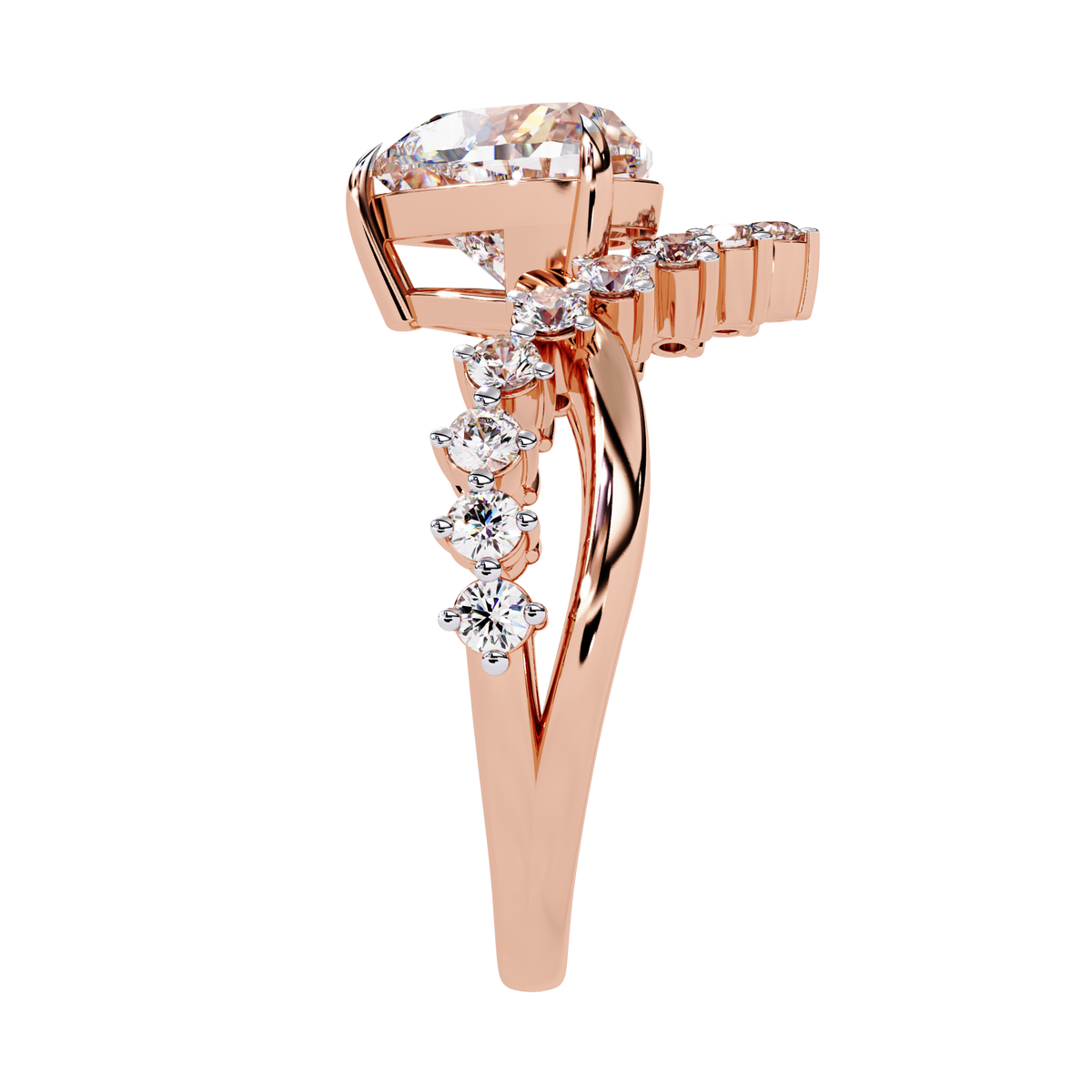 Side profile of heart cut diamond ring with raised prong setting
