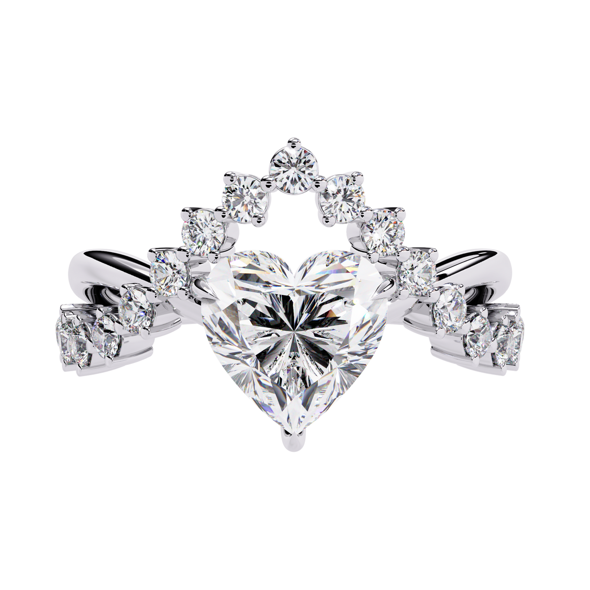 Front view of heart cut diamond ring with round accent stones in white gold