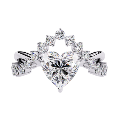 Front view of heart cut diamond ring with round accent stones in white gold