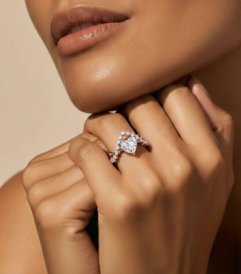 Heart shape diamond engagement ring on hand with rose gold finish #wearthelook