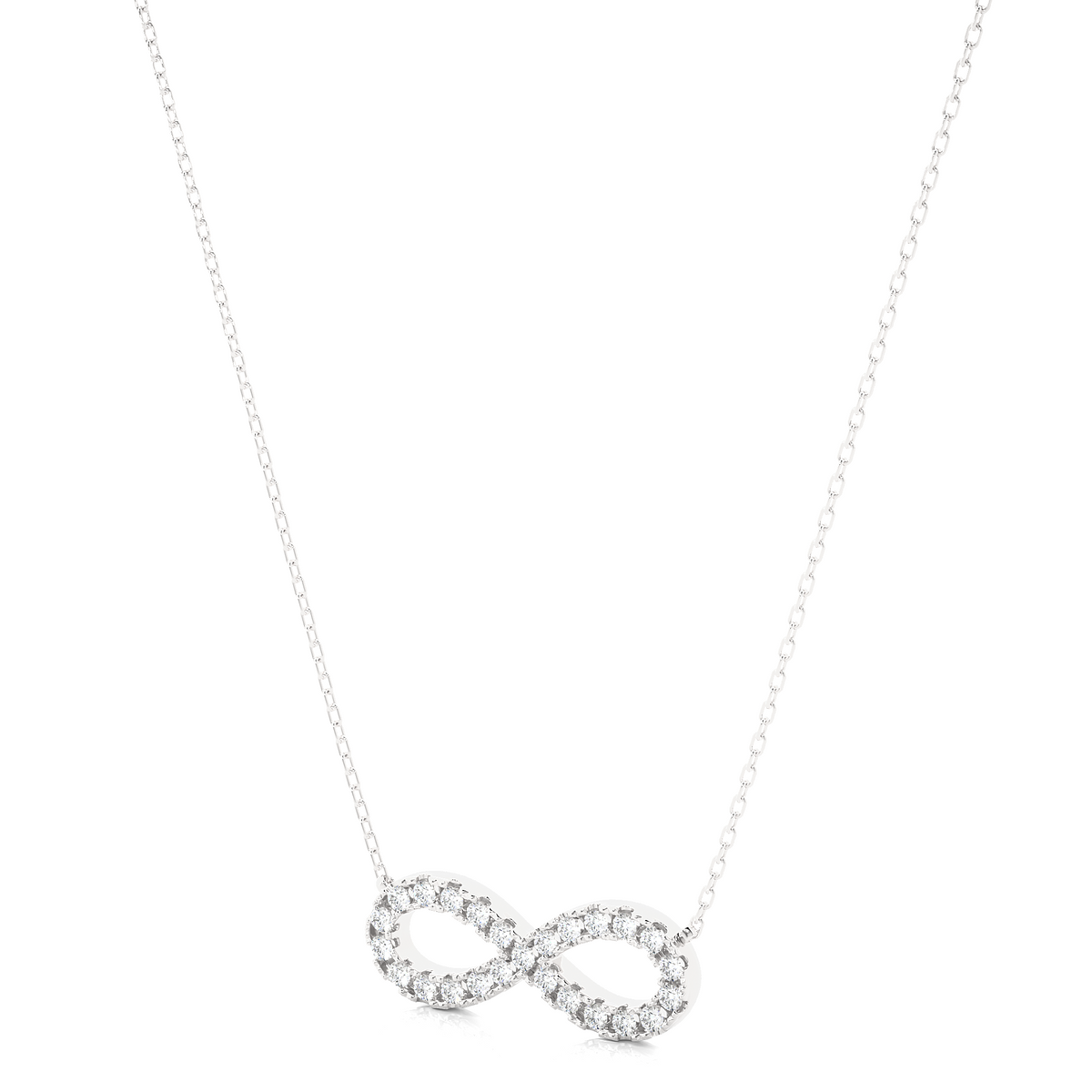 White gold infinity charm necklace with round diamonds