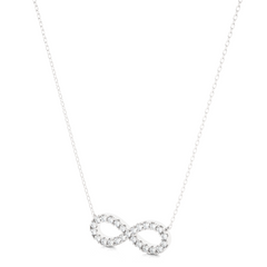 White gold infinity charm necklace with round diamonds