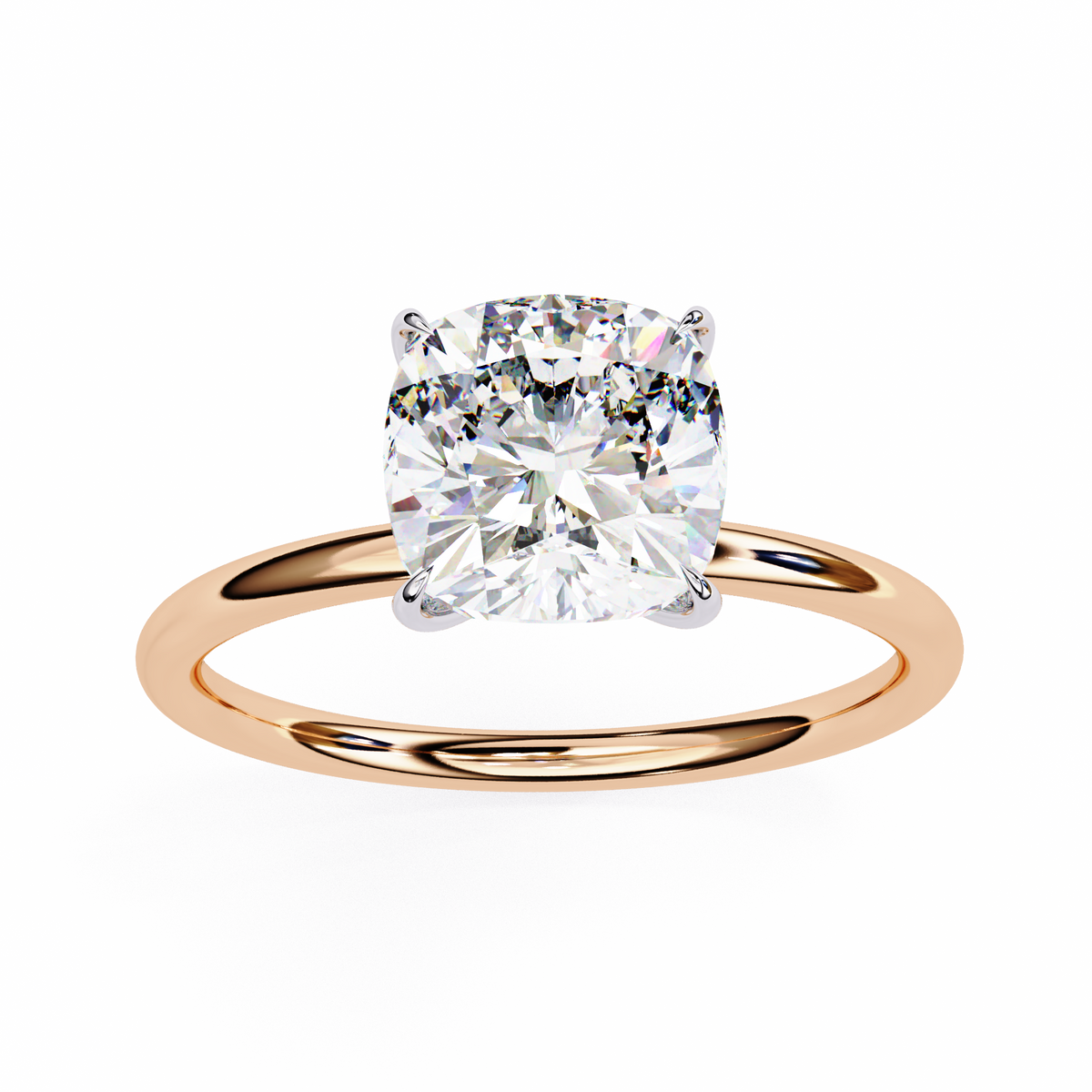Side profile of cushion cut lab grown diamond prong set ring