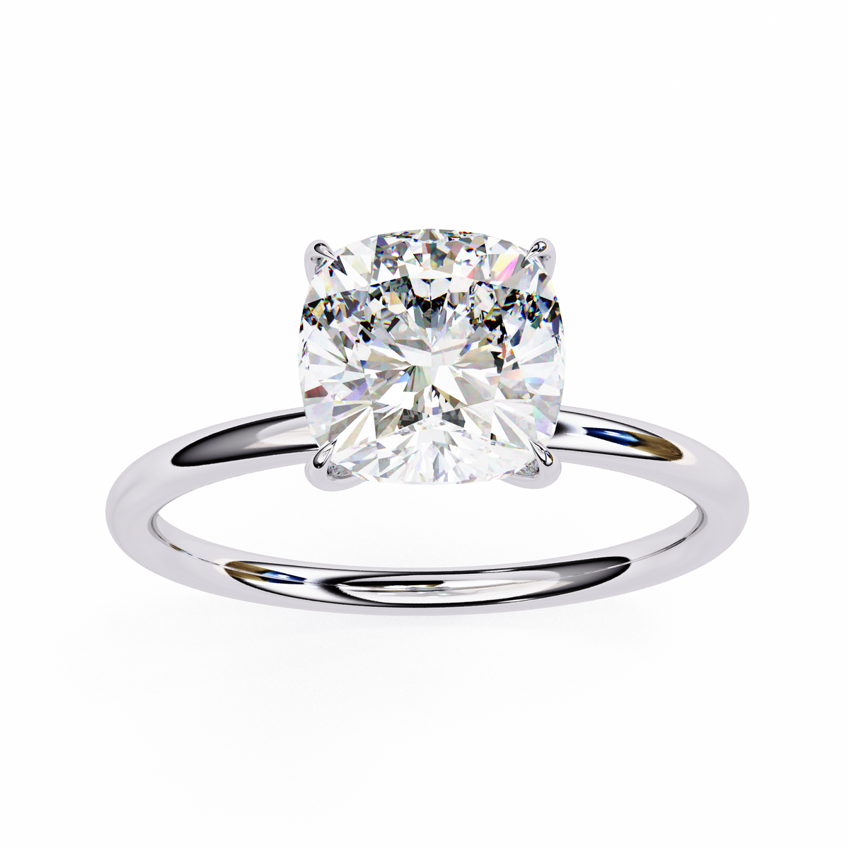 Solitaire Ring featuring cushion cut lab grown diamond in prong setting