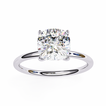 Solitaire Ring featuring cushion cut lab grown diamond in prong setting