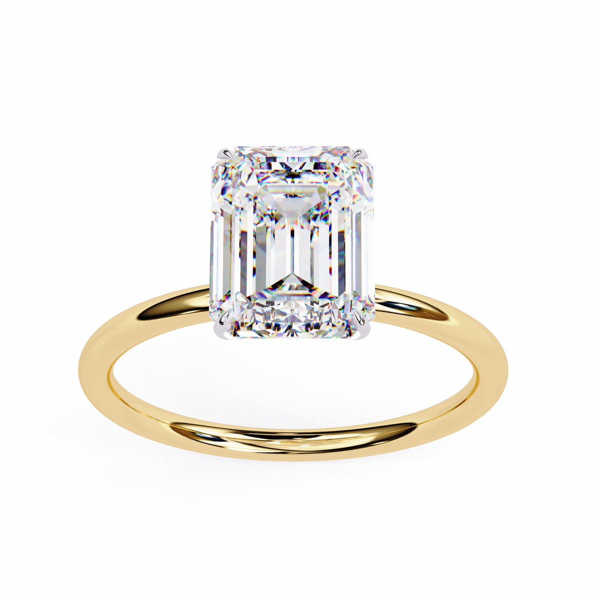 Front view of emerald cut lab grown diamond solitaire ring