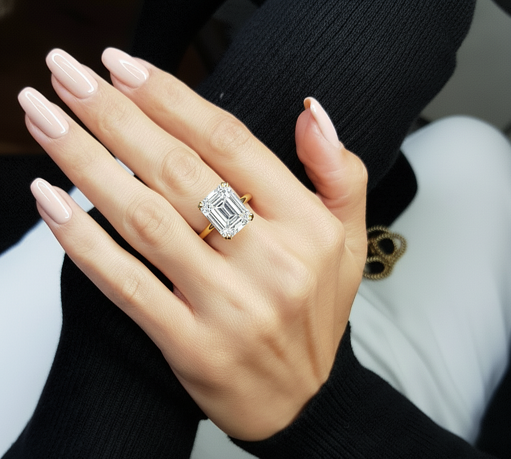 Angled view of emerald cut diamond ring with polished finish