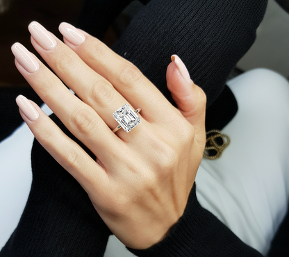 Hand wearing emerald shape solitaire lab diamond ring