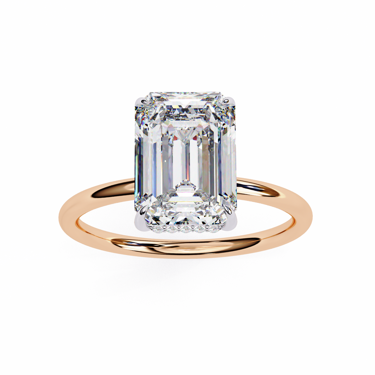 Front view of emerald cut lab grown diamond solitaire ring