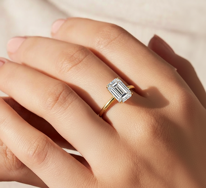 Hand wearing emerald shape solitaire lab diamond ring