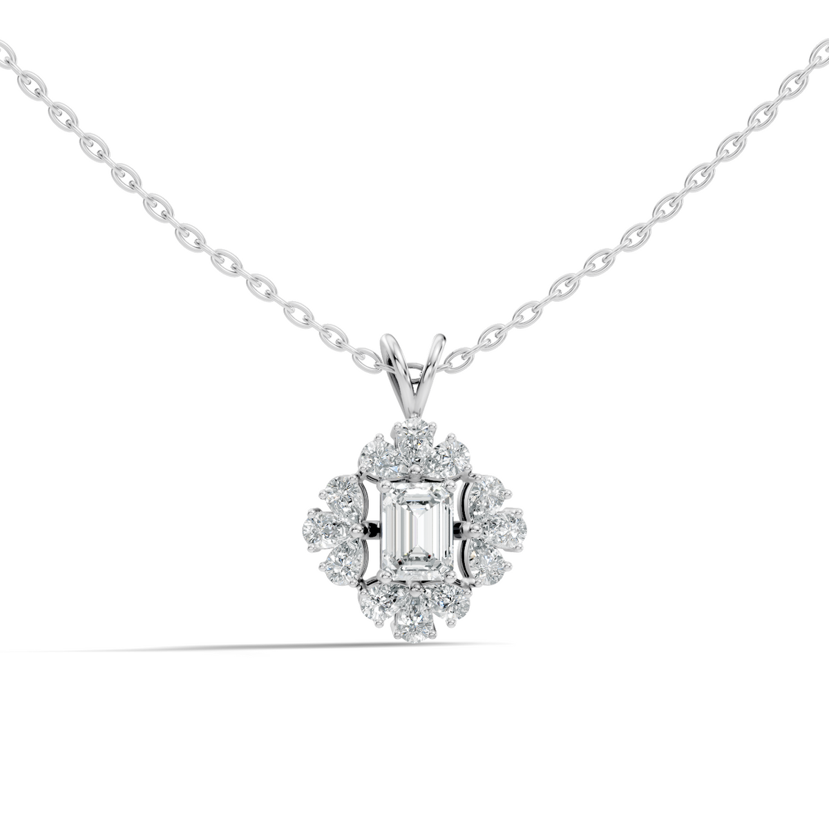 Vintage Labgrown Diamond Pendant with Emerald Cut Center & Pear Side Diamonds Gift For Her - HIGHCARAT DIAMONDS