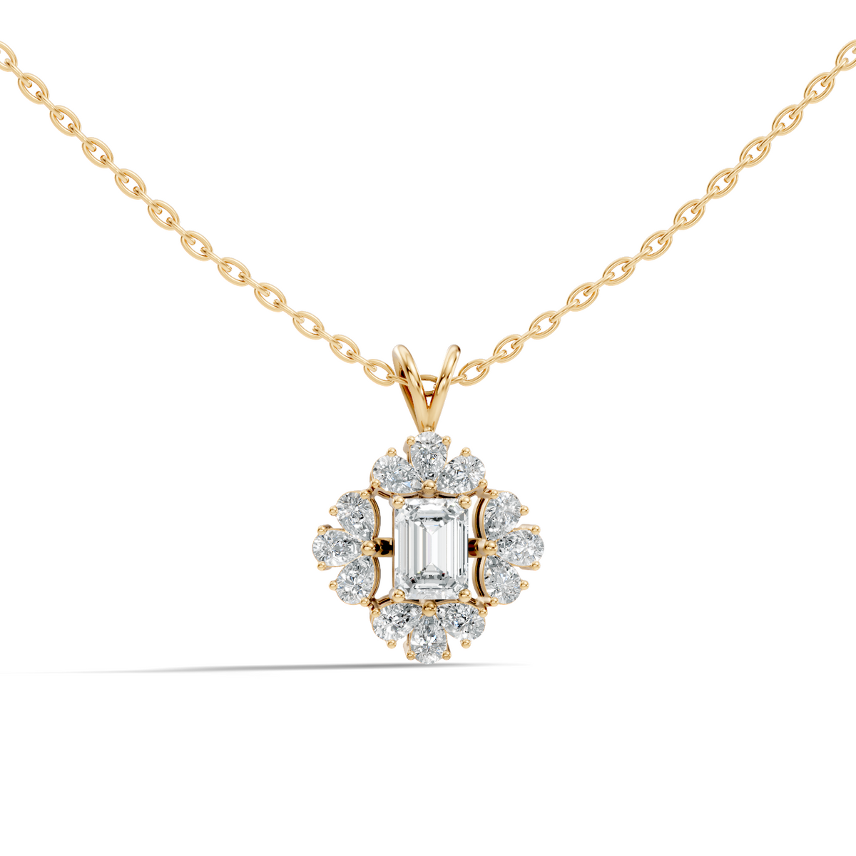 Vintage Labgrown Diamond Pendant with Emerald Cut Center & Pear Side Diamonds Gift For Her - HIGHCARAT DIAMONDS
