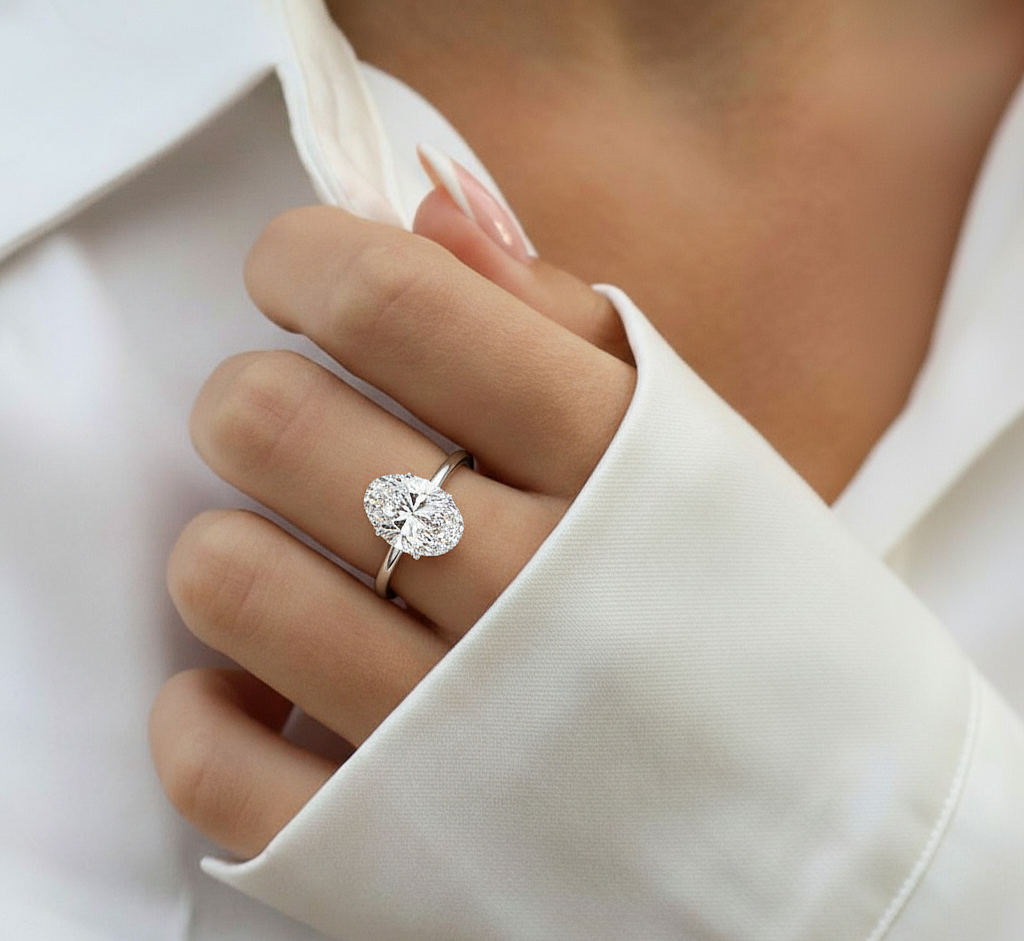 Hand wearing oval shape solitaire lab diamond ring