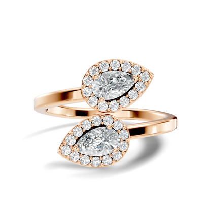 Lab Grown Pear & Round Diamond Halo Open Bypass Ring - HIGHCARAT DIAMONDS
