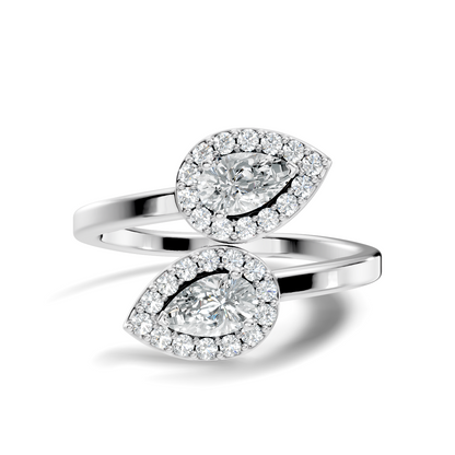 Lab Grown Pear & Round Diamond Halo Open Bypass Ring - HIGHCARAT DIAMONDS