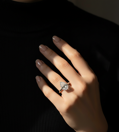 Side profile of pear cut lab grown diamond solitaire ring