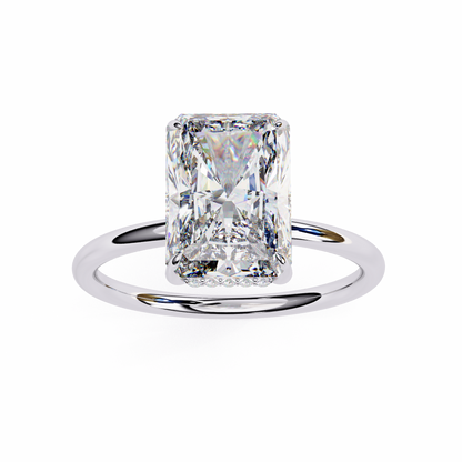Front view of radiant cut lab grown diamond hidden halo ring