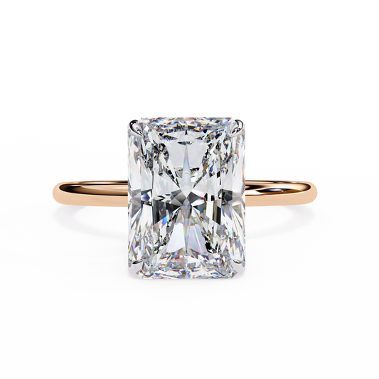 Solitaire Ring featuring radiant cut lab grown diamond with hidden round halo