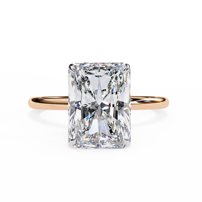 Solitaire Ring featuring radiant cut lab grown diamond with hidden round halo