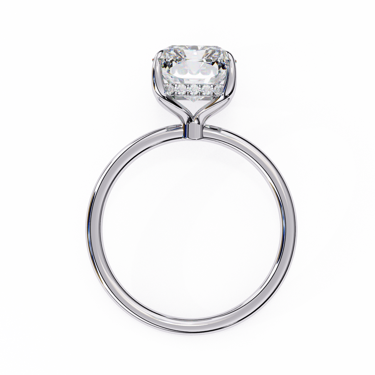 Radiant shape diamond ring with hidden round halo and solitaire setting