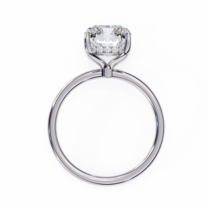 Radiant shape diamond ring with hidden round halo and solitaire setting