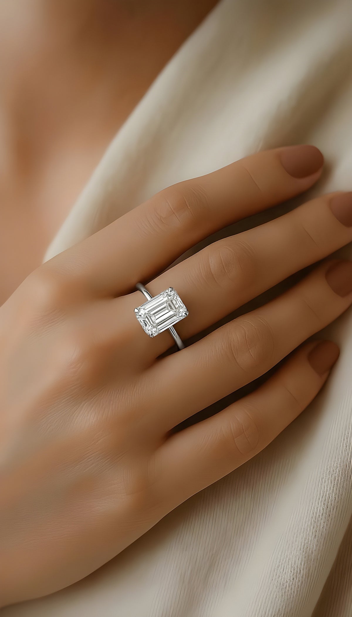 Hand wearing radiant cut lab diamond hidden halo ring