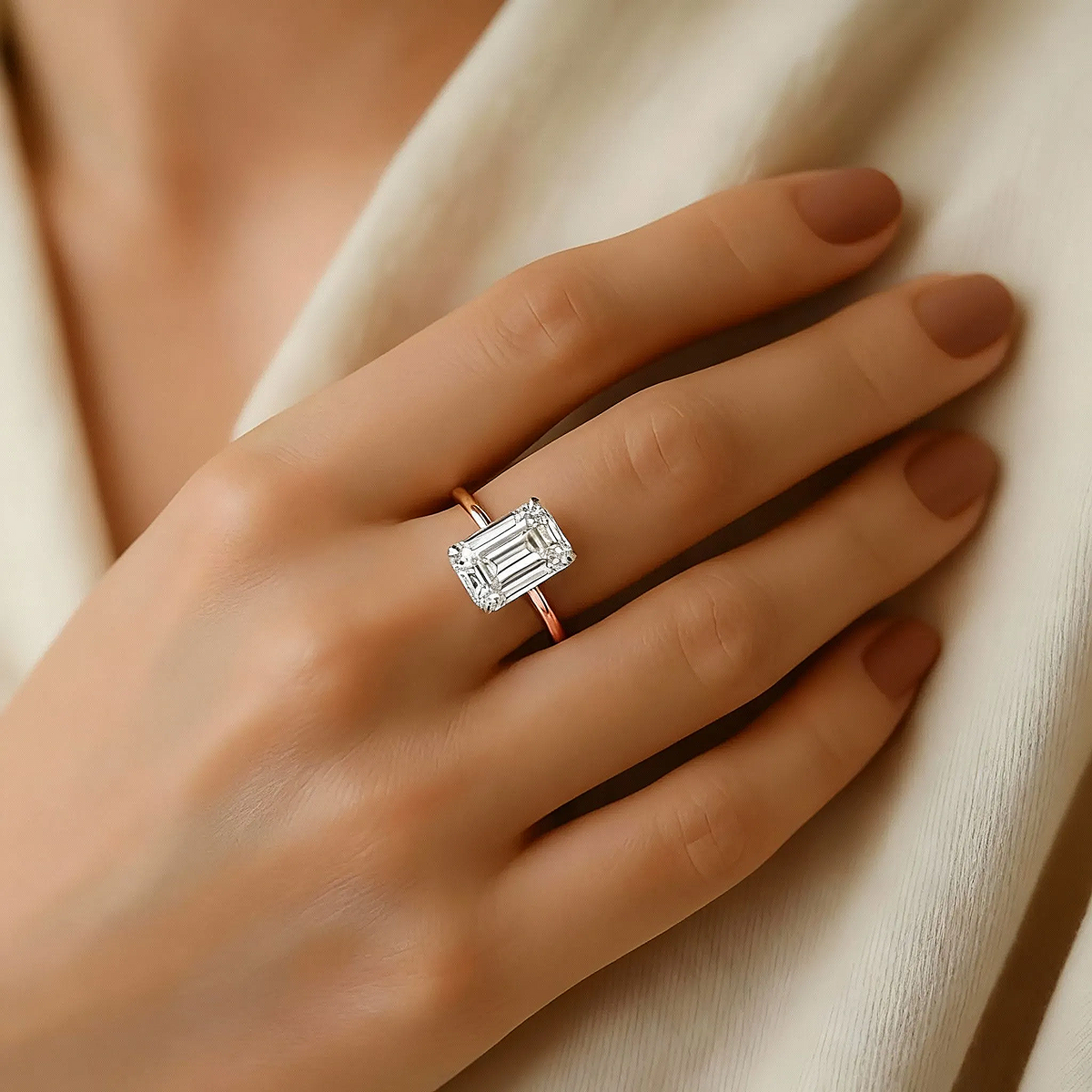 360 view video of lab grown radiant cut hidden round halo solitaire ring rotating on white background