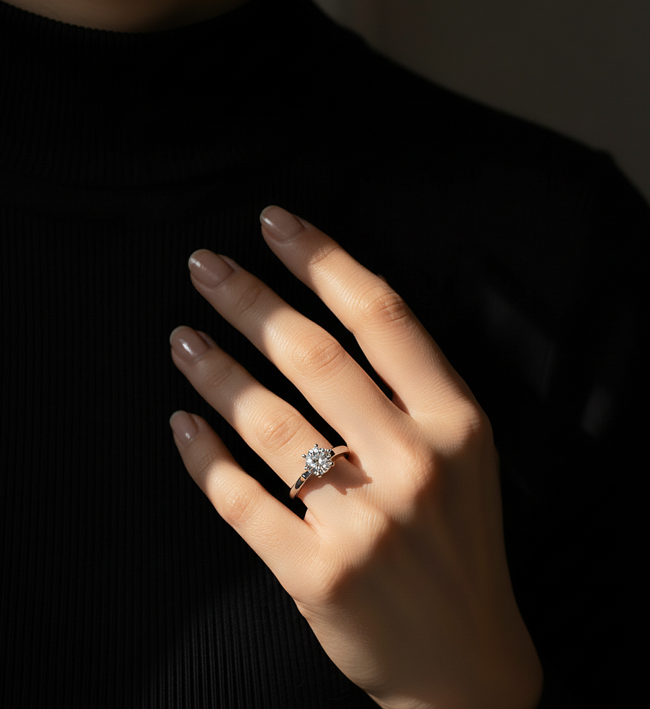 Angled view of round lab grown diamond ring with polished finish